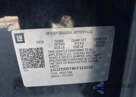 2019 Chevrolet Malibu Lt из США, поврежденный, VIN 1G1ZD5ST8KF114238